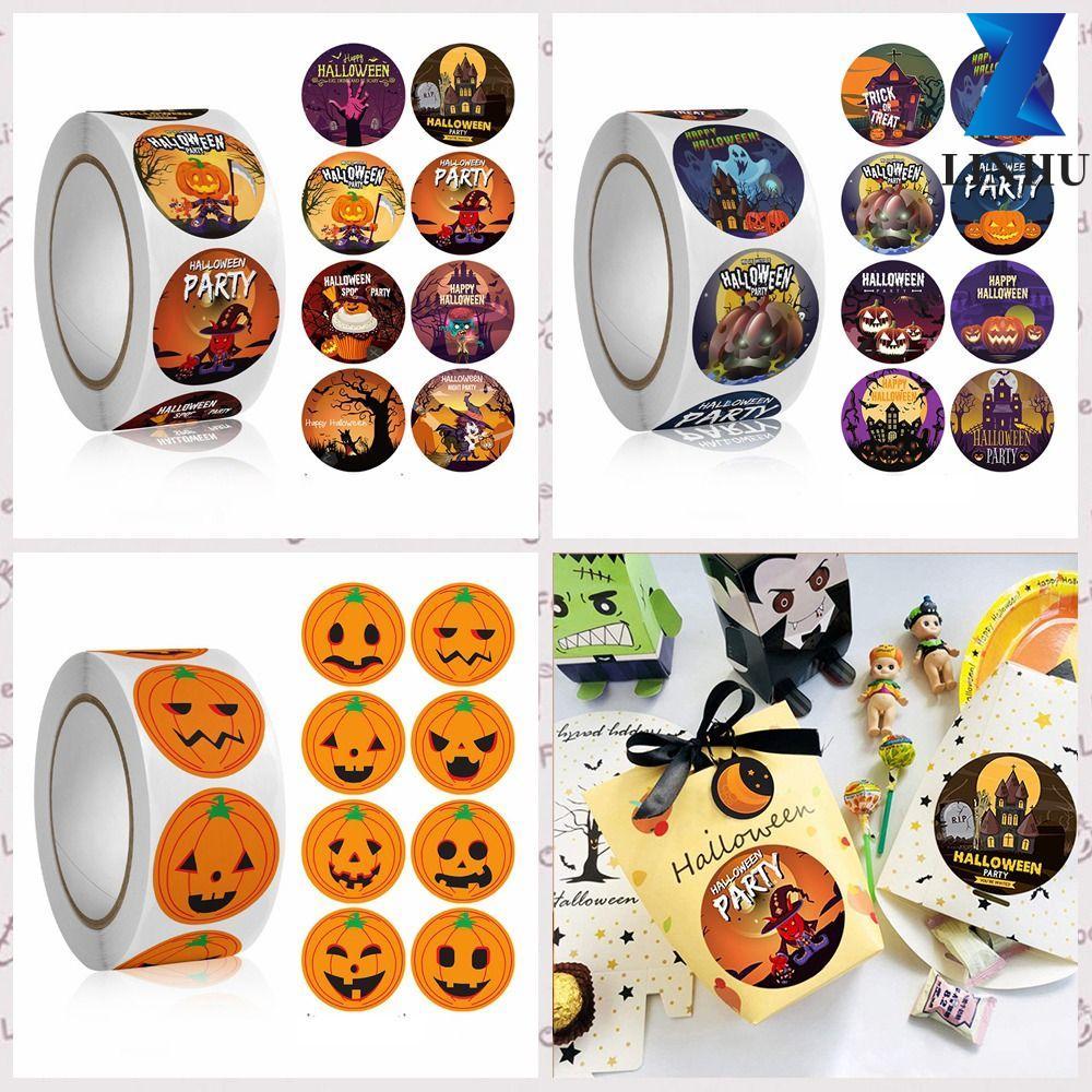LINHU 500 Cái / cuộn Miếng Dán Bí Ngô Halloween, Nhãn Halloween Tự Dính Ma, 500 Cái / Cuộn Bí Ngô Em