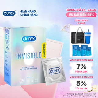 Bao Cao Su Durex Invisible Siêu Mỏng, Size 52 mm, Hộp 16 Bao Mới Ra Mắt - Hộp Lớn Siêu Tiết Kiệm