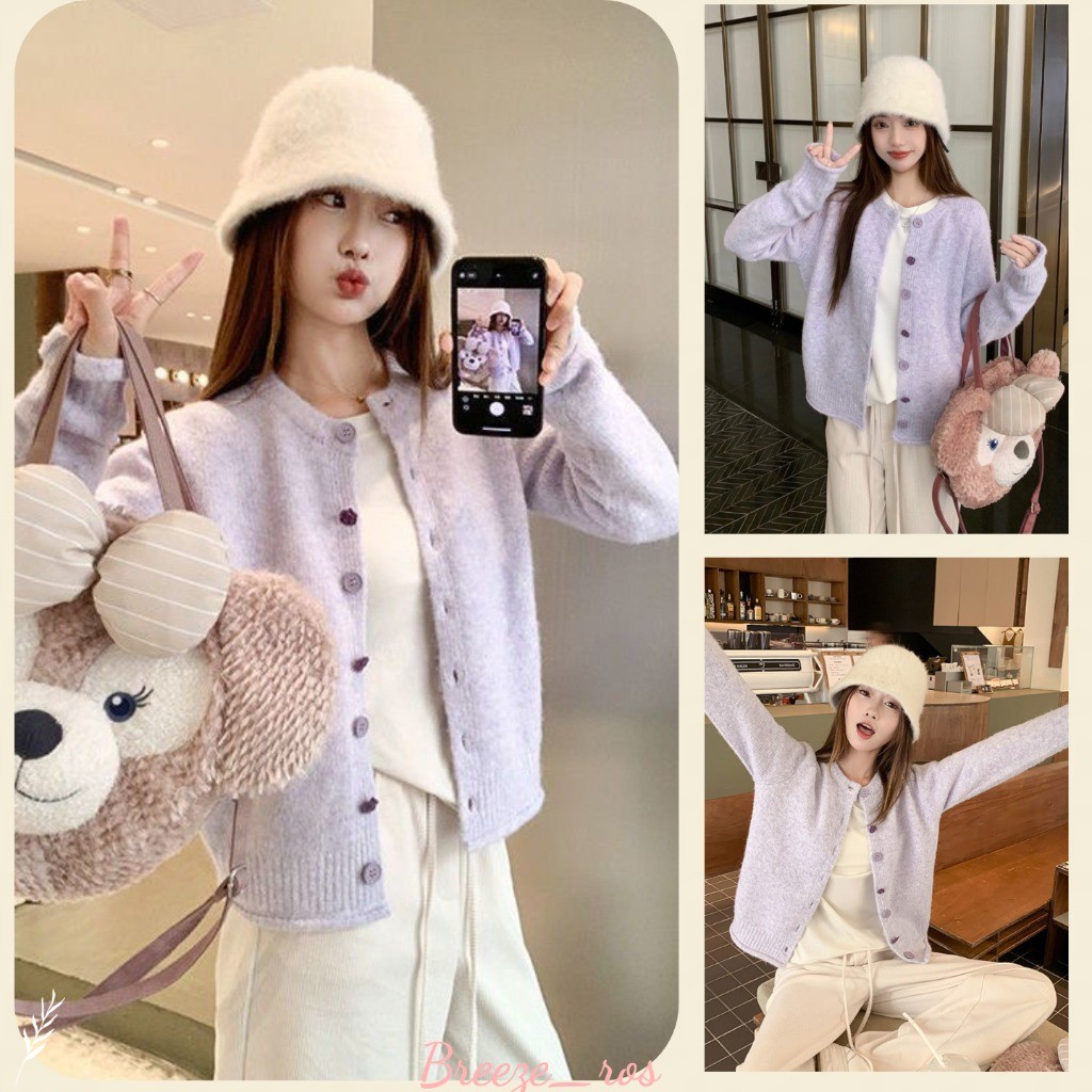 Breeze_ros Áo Khoác Len Cardigan Màu Tím Thời Trang Thu Đông Mới Dành Cho Nữ Dáng Rộng Phong Cách Hà
