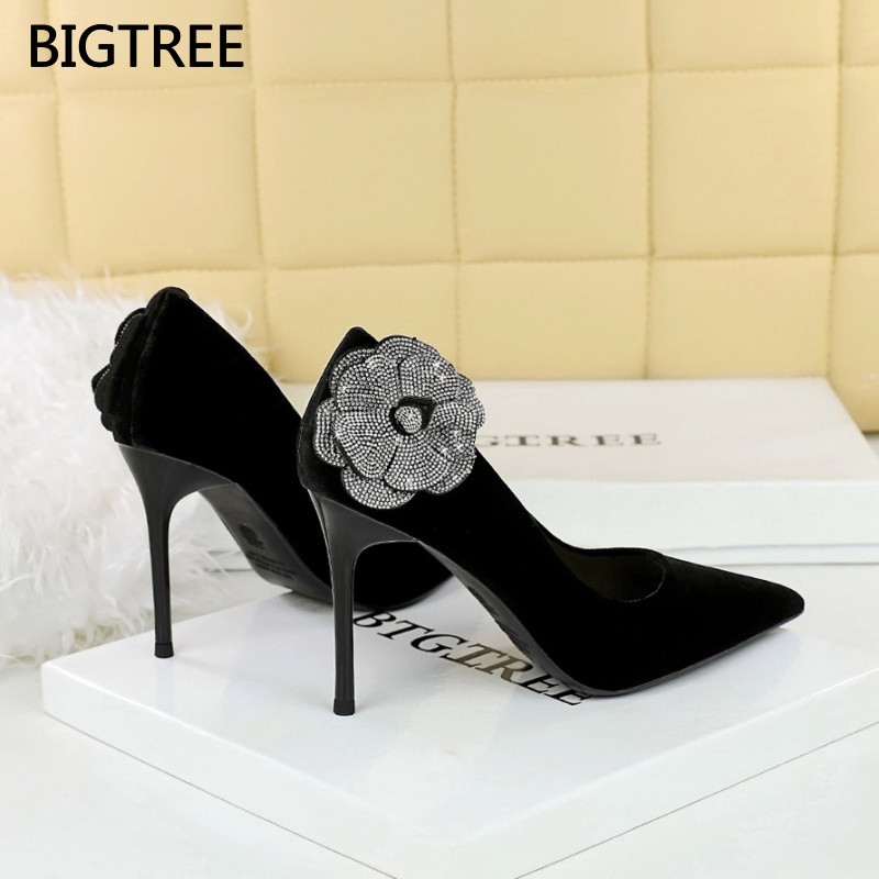 Women's High Heels3739-H59L Rhinestone Side Flower Xishi Velvet Stiletto Heels