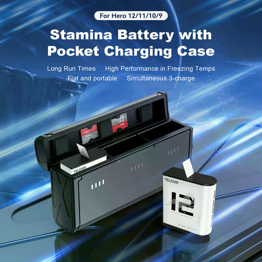 TELESIN Sạc Pin Di Động Cho GoPro Hero 12 11 10 9 Pin 3 Khe Cắm Thẻ TF Pin Lưu Trữ Hộp Sạc Cho Gopro
