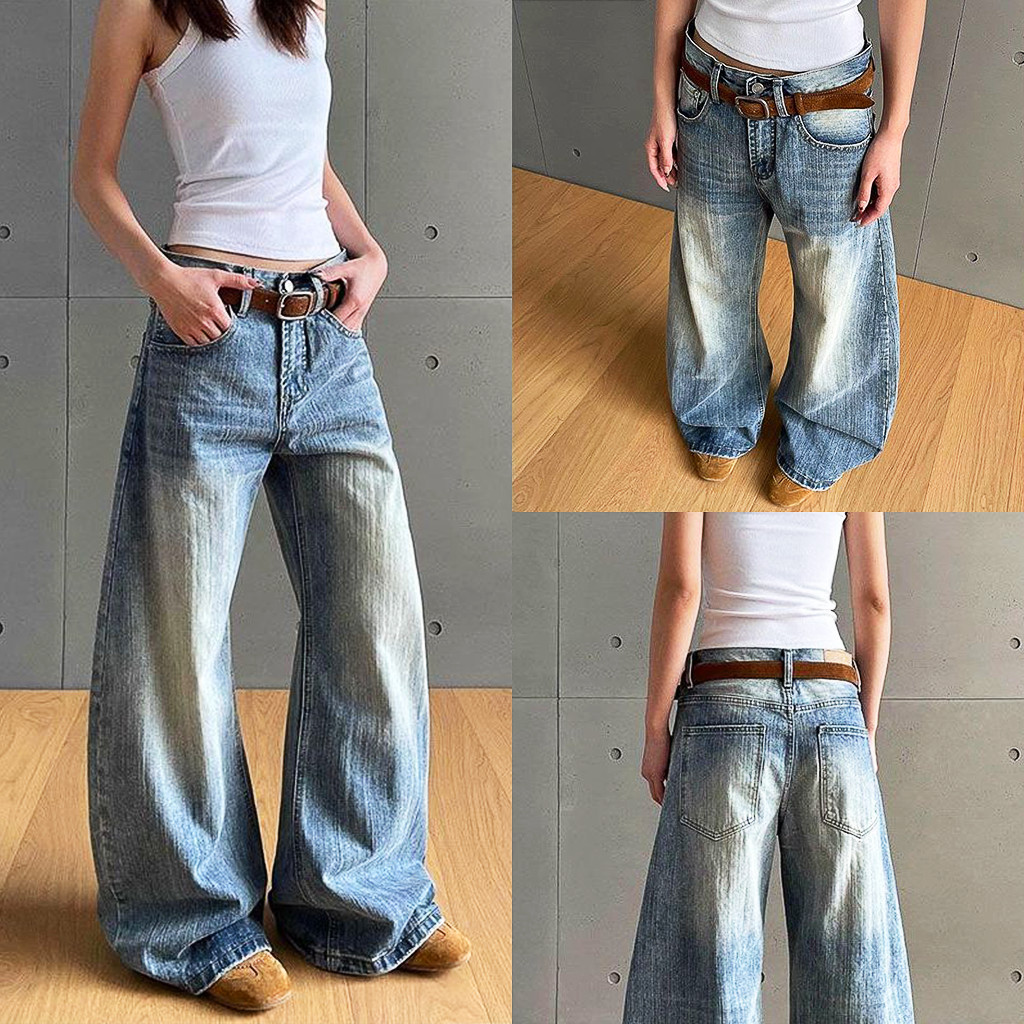 Women's Jeans Retro Machete Jeans Loose Wide Leg Pants Korean Popular New Style Easy to Match