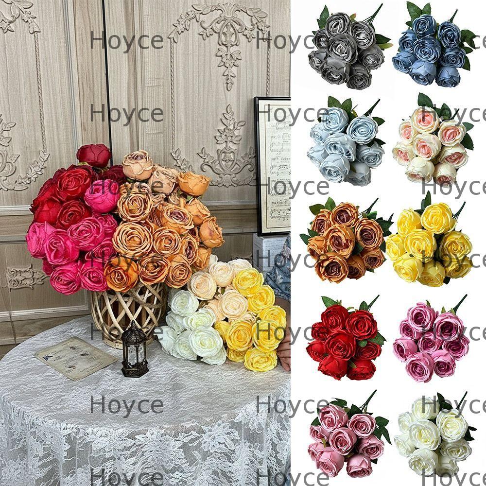 HOYCE Hoa Hồng Nhân Tạo, Nhiều Màu 9 Đầu Mô Phỏng Hoa Hồng, Cánh Hoa Lụa Sáng Tạo Cảnh Quan Lá Xanh 