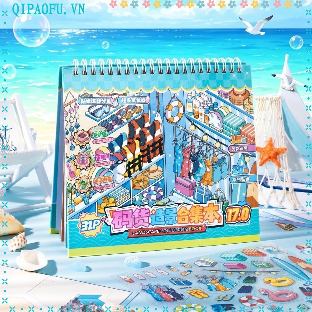 NENTEY Sticker Book, Shop Scene PET Scenery Sticker, Sách Đồ Bơi Bưu Điện 10 Cảnh Thu Nhỏ Cảnh Dán C