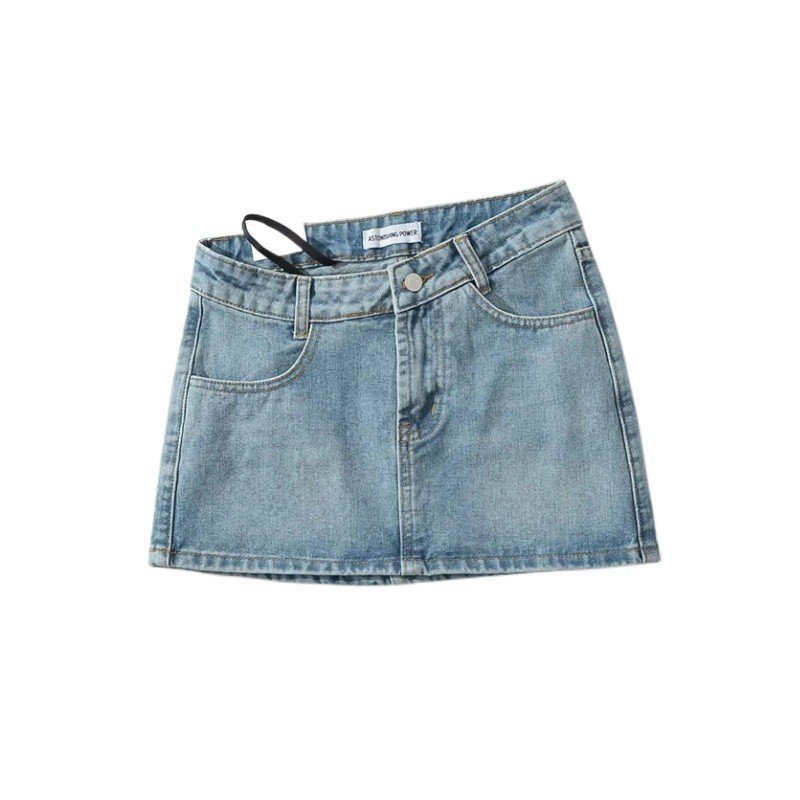 Thiết kế Sense Niche Sweet Cool Hot Girl Váy Denim cổ thấp không đều Niche Sense Slim-Fit Hip-Packed