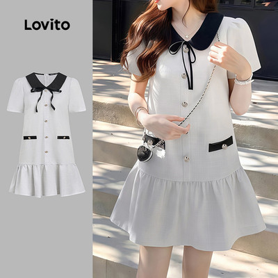 Lovito Đầm Casual Phối Màu Buộc Dây Cài Nút Màu Trắng Dành Cho Mùa Xuân Hè Của Nữ L177ED305