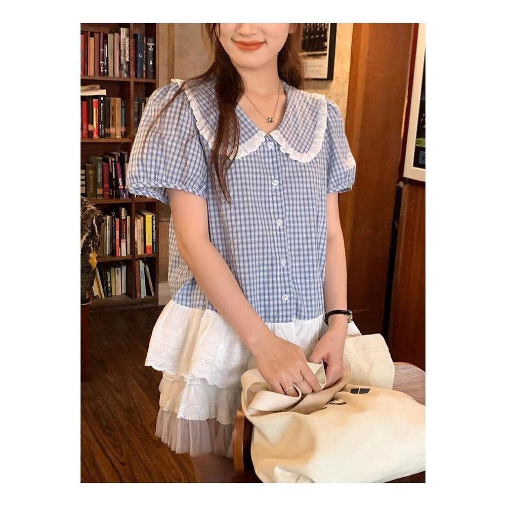 [Giảm giá trong thời gian có hạn] Áo sơ mi búp bê ngắn tay sọc xanh kiểu Pháp Slimer Look All-Match Thiết kế mùa hè Cảm giác