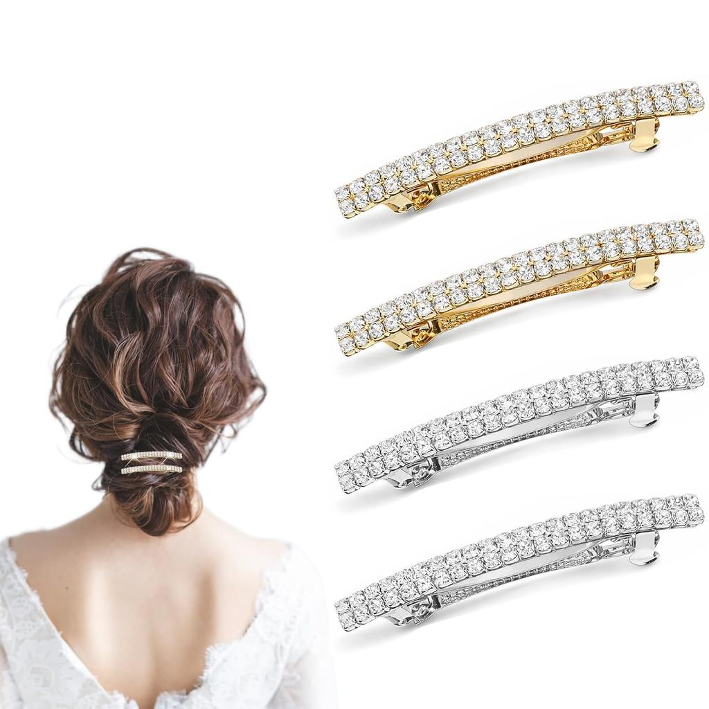 4 chiếc Barrettes tóc lấp lánh đính đá lấp lánh dành cho nữ, Barrettes tóc đính đá mùa xuân hình chữ