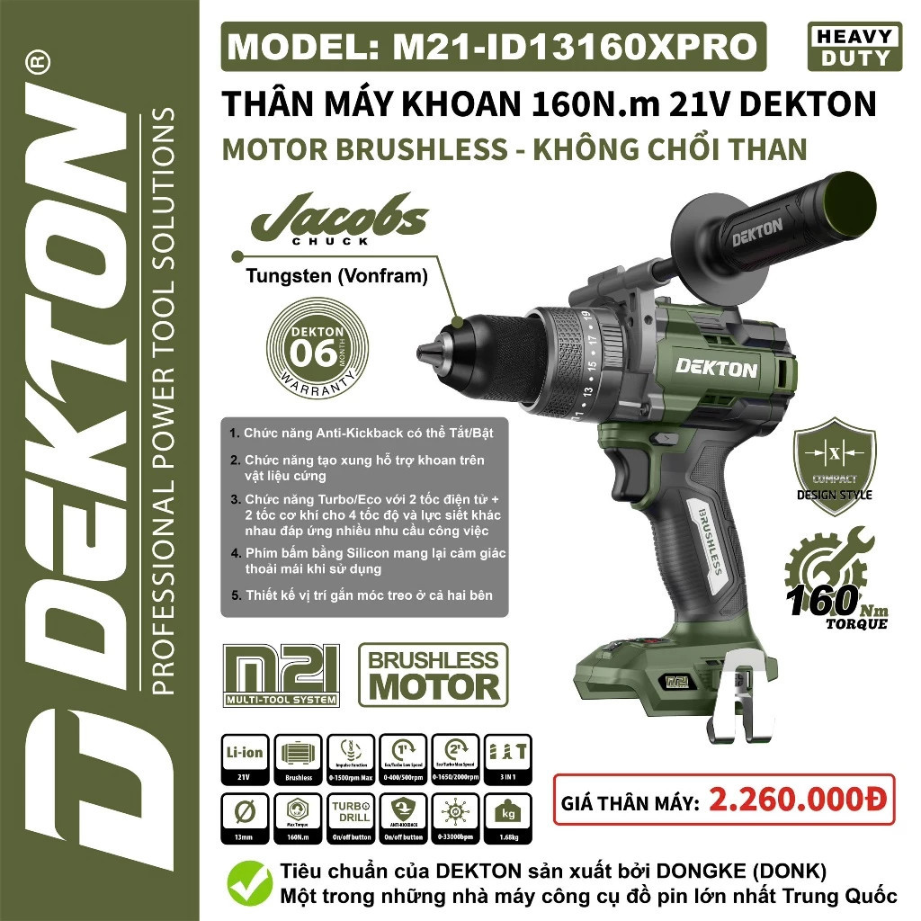 Máy Khoan Pin Dekton M21-ID13160PRO, M21-ID13160XPRO 21V, Lực Siết 160Nm, Đầu Kẹp Jacobs 13mm, Turbo