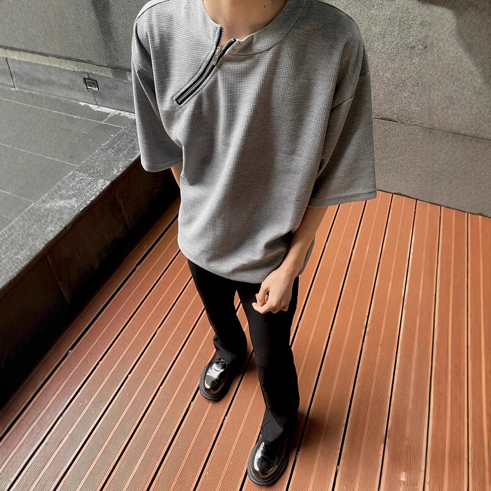 320g Small collar with diagonal zipper, pure cotton waffle fabric cleanfit Stylish short-sleeve shir