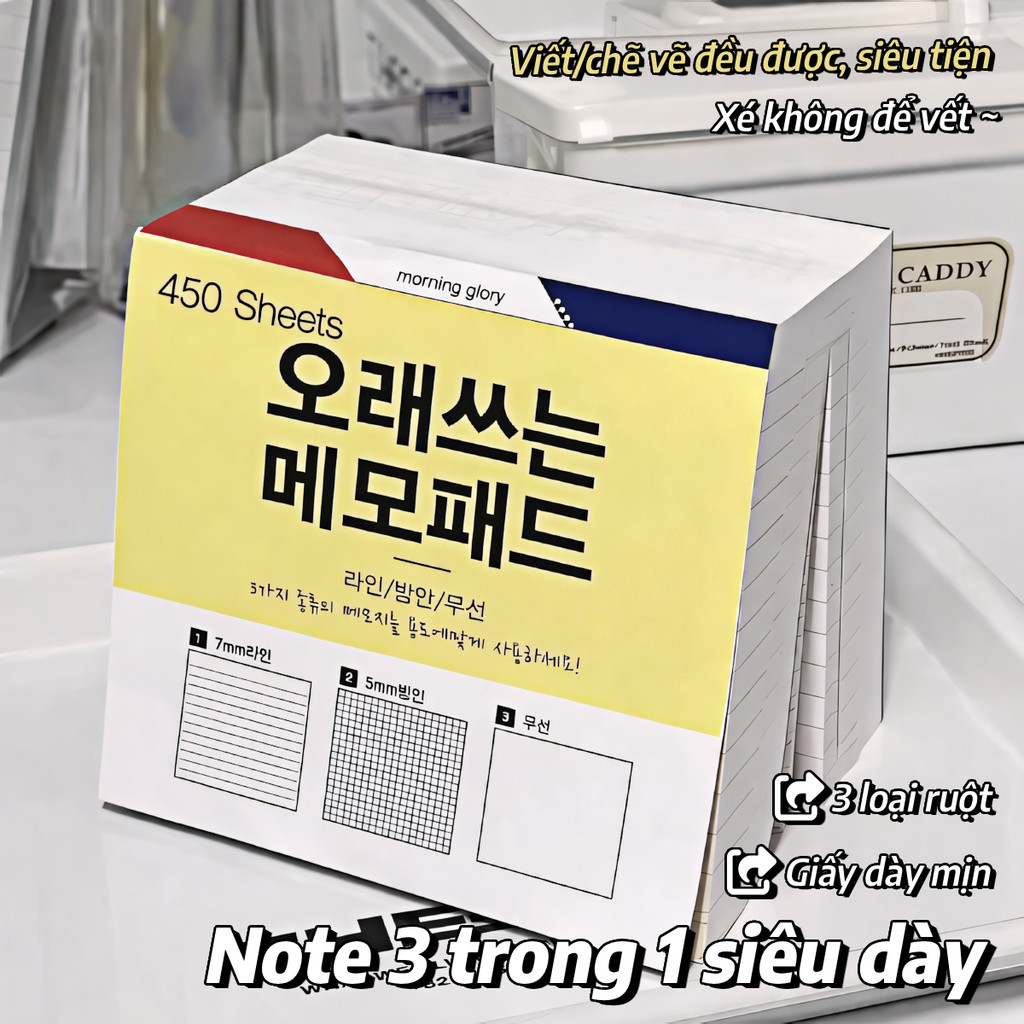 Giấy Ghi Chú Hàn Quốc 3in1 Kẻ Ngang/Kẻ Ô/Giấy Trắng, Giấy Note Siêu Dày 450 Tờ, Bền Tiện Đánh Dấu Ch