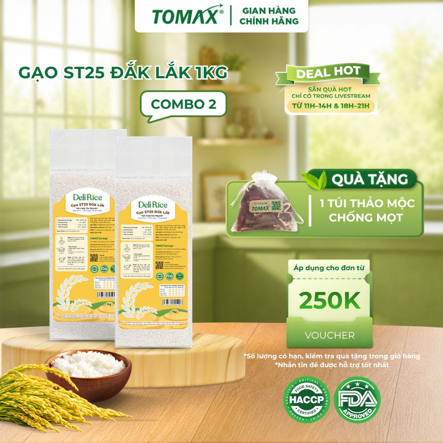 Combo 2 Túi Gạo ST25 Deli Rice 1kg Thượng Hạng, Dẻo Thơm Tự Nhiên, Vị Ngon Hòa Quyện - TOMAX