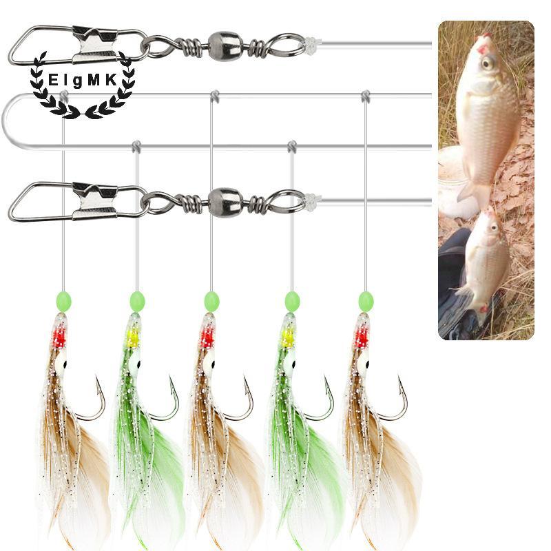 [ElgMK] Móc câu Chien Feather Octopus Glow-in-the Dark Bead String Hook 5 móc / dây treo Bộ câu cá [