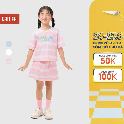 Bộ quần áo bé gái CANIFA set bộ áo thun mix chân váy cộc tay chất cotton mềm mại thoáng mát 1ST26S001