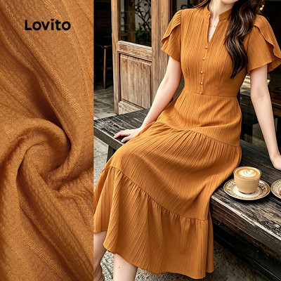(New Arrival) Lovito Đầm thường ngày xếp tầng có cúc chất liệu jacquard mùa xuân/hè màu vàng LK7LD196