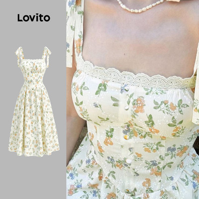 Lovito Kỳ nghỉ Đầm Lãng Mạn Cài Dây Cổ Bèo Nhún Thích Hợp Cho Mùa Xuân Và Hè LK3ED083