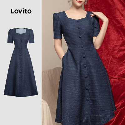 Đầm nữ Lovito xanh navy xuân hè nút thanh lịch L158AD200