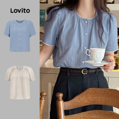 Lovito thanh lịch Áo Cánh Sọc Cài Nút Đơn Giản Mùa Hè Cho Nữ L99ED673
