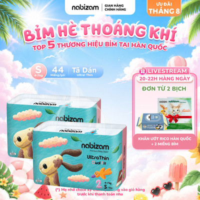 [TÃ DÁN] Combo 2 Bịch Bỉm Dán NABIZAM UltraThin Nội Địa Hàn 3 Lớp Siêu Mỏng Size S Cho Bé Từ 4-7kg, 44 Miếng/Bịch