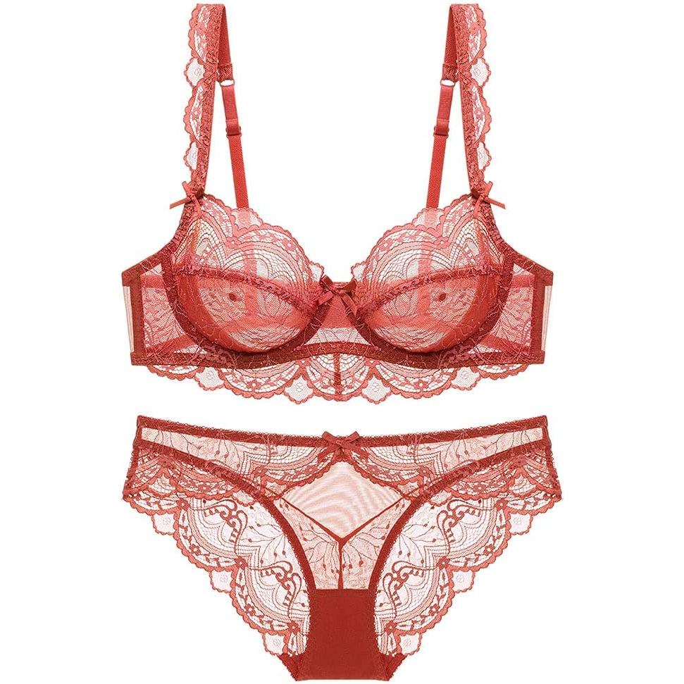 NữLaceBraandPantySetUnderwireLingerieCupSized (32B-40D) UnlinedSheerBraMatchingPanties2Piece