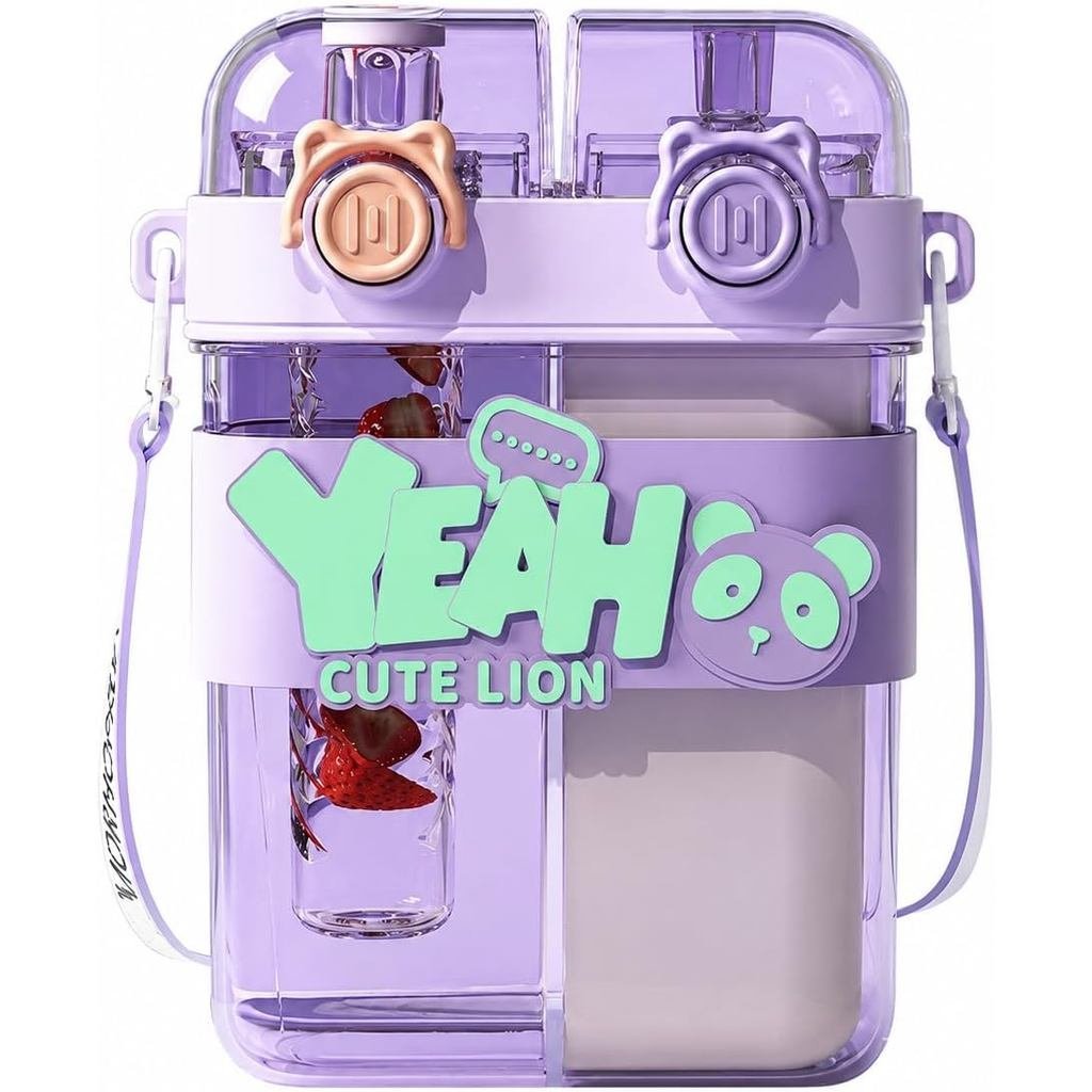 Cute Dual Water Bottle With Strap and Straw, Kawaii Panda/Bear Split Double Cup With Infuser, 2 in 1