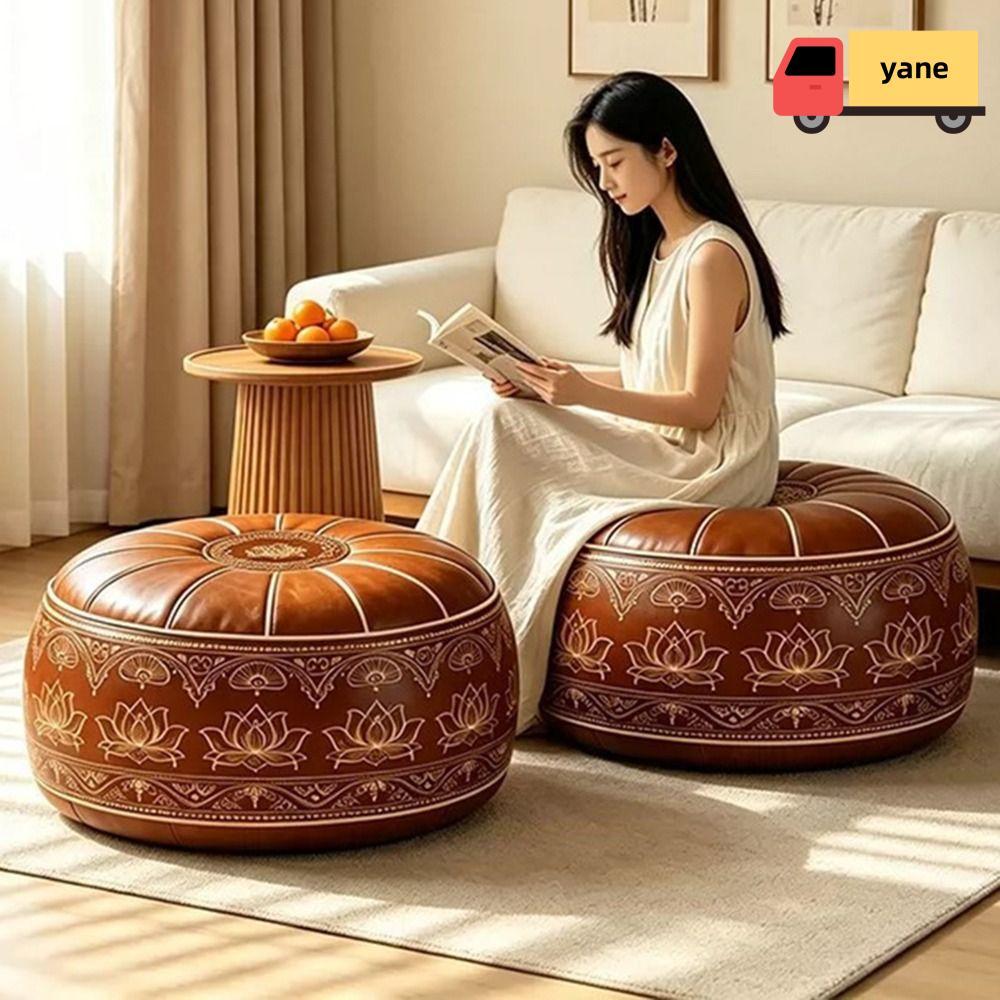 YANE Storage Ottoman, Phong Cách Ma-rốc Da PU Có Thể Lấp Đầy Ottoman Pouf, Hình Tròn Thêu Họa Tiết T