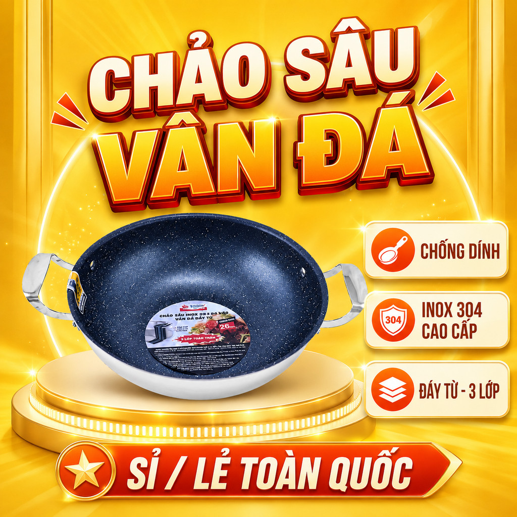 Chảo Sâu Inox 304 Vân Đá TICOOK – 3 Lớp Toàn Thân, Đáy Từ Chống Dính – Size 20–32cm, Bền Đẹp