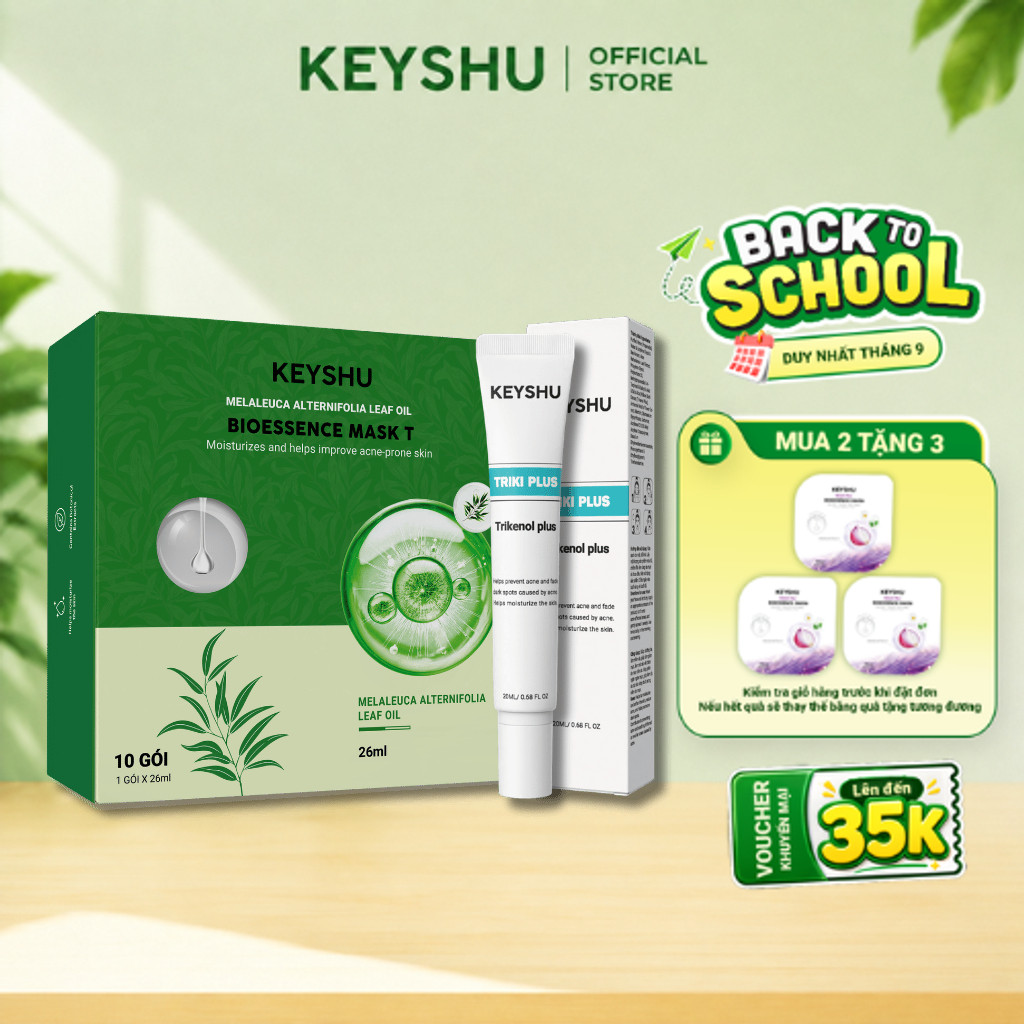 [KOL x KEYSHU] Combo Giảm Mụn Gồm 1 Hộp Mặt Nạ Tràm Trà 10 Miếng 26ML Và 1 Tuýp Chấm Mụn Triki Plus 