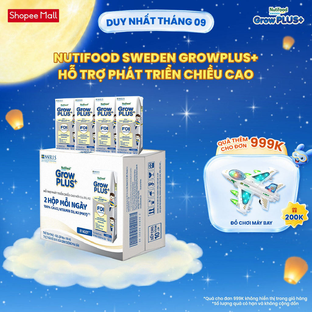 Thùng 24 hộp Sữa Bột Pha Sẵn Nutifood Sweden GrowPLUS+ Cao lớn vượt trội hộp 180 ml