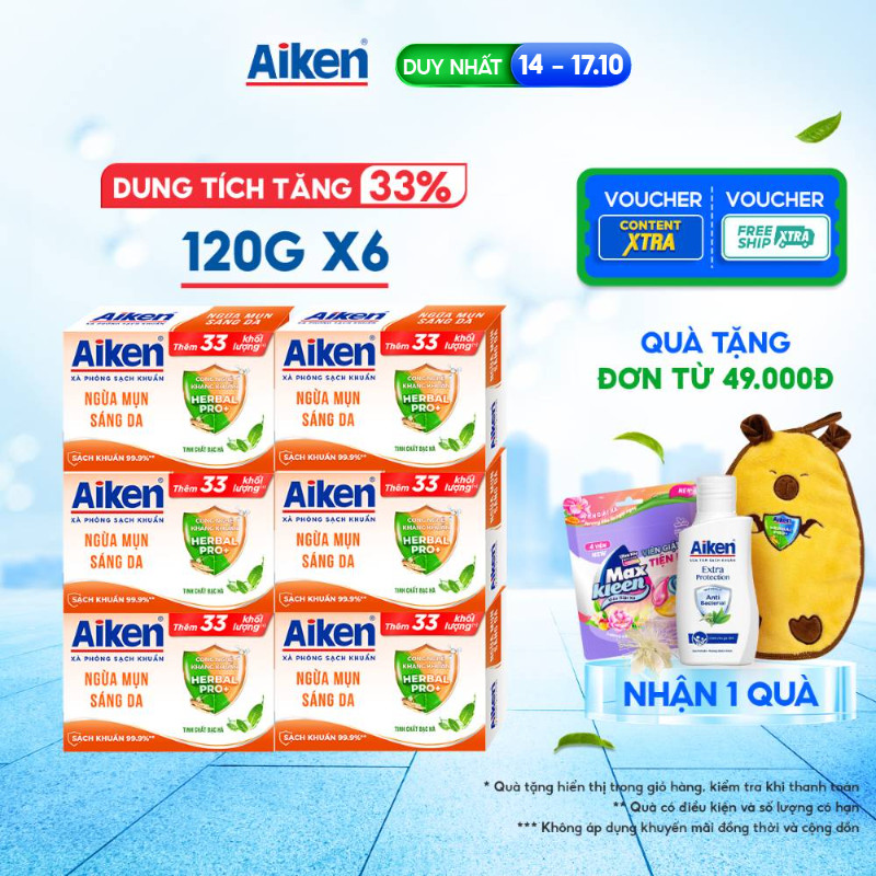 [TĂNG 33% DUNG TÍCH] Combo 6 Xà phòng Aiken sạch khuẩn Ngừa Mụn Sáng Da chiết xuất Bạc Hà (120g x 6)