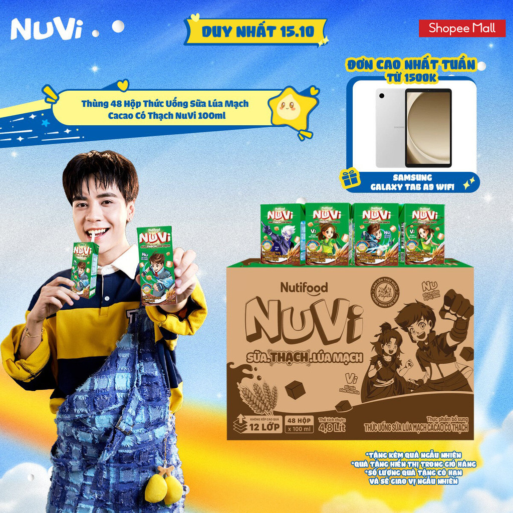 Thùng 48 Hộp Thức Uống Sữa Lúa Mạch Cacao Có Thạch NuVi 100ml