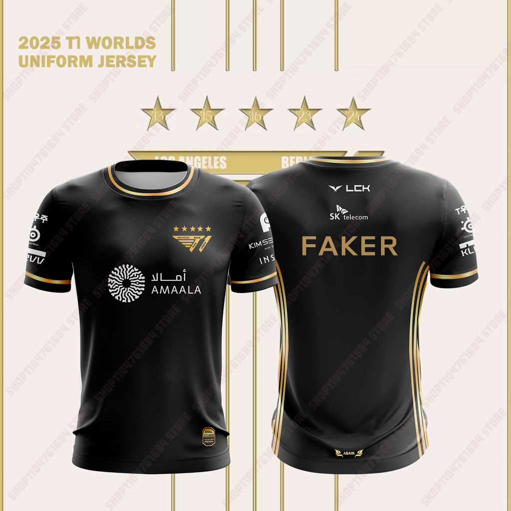 Áo thun đồng phục đội thể thao điện tử T1 2025 Liên minh huyền thoại World Finals Jersey Áo cổ tròn 