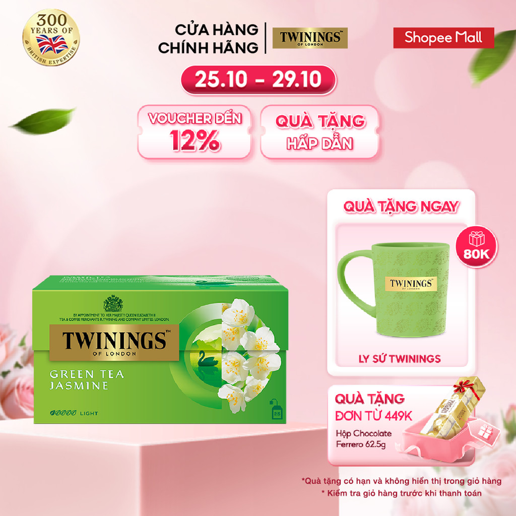 Trà xanh Túi Lọc Hương Hoa Nhài Twinings Green Tea Jasmine - Hộp 25 Gói 1.8G