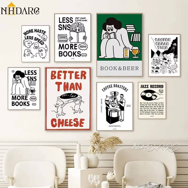 Hoạt Hình Dễ Thương Tối Giản Dòng Nghệ Thuật Treo Tường Bộ Sách Bia Cà Phê Jazz Ghi Ngộ nghĩnh Trích
