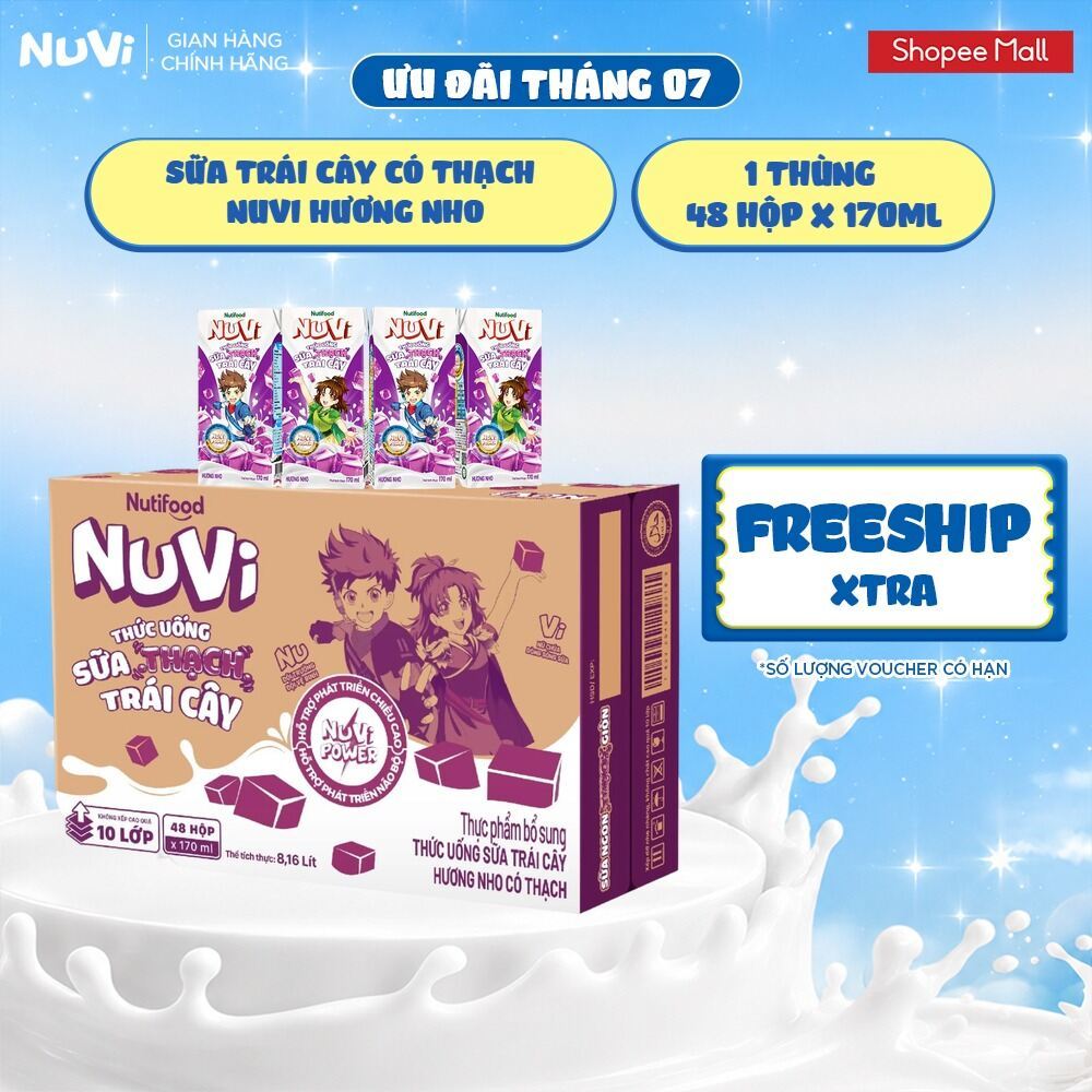Thùng 48 Hộp Thức Uống Sữa Trái Cây Có Thạch NuVi Hương Nho 170ml