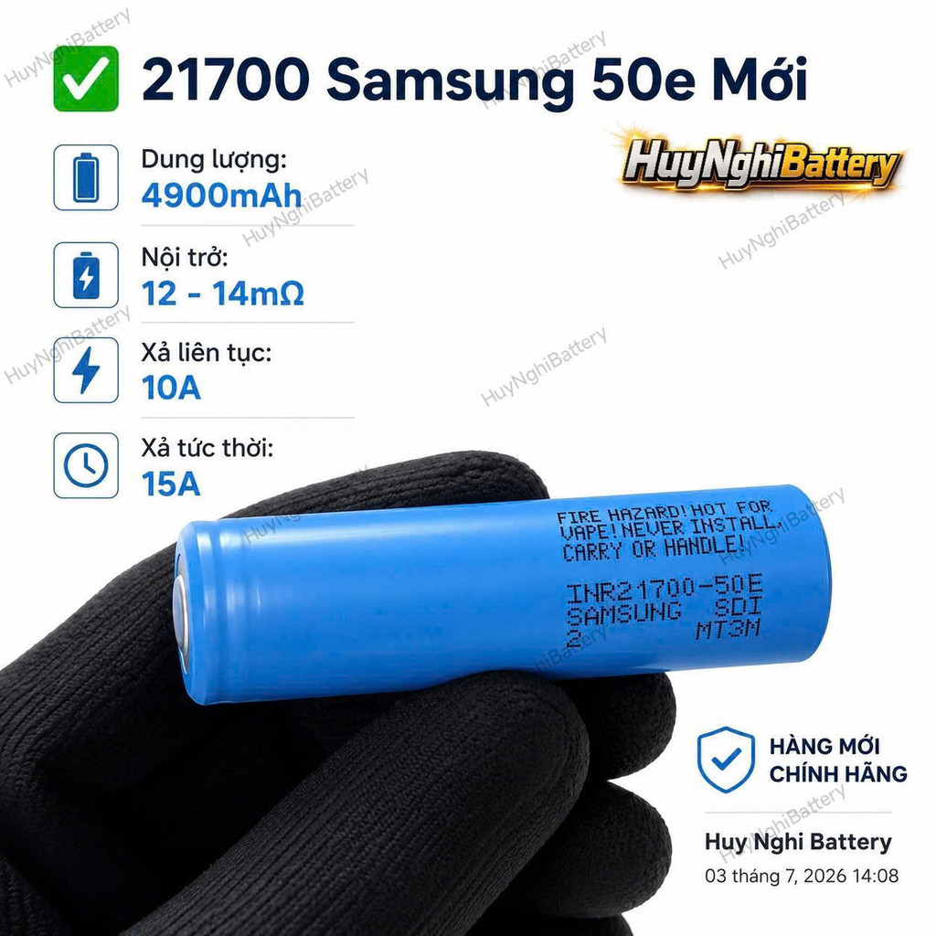 21700 Samsung 50E Mới, Dung lượng 4900mah, Nội trở: 12 - 14mr, Xả 15a