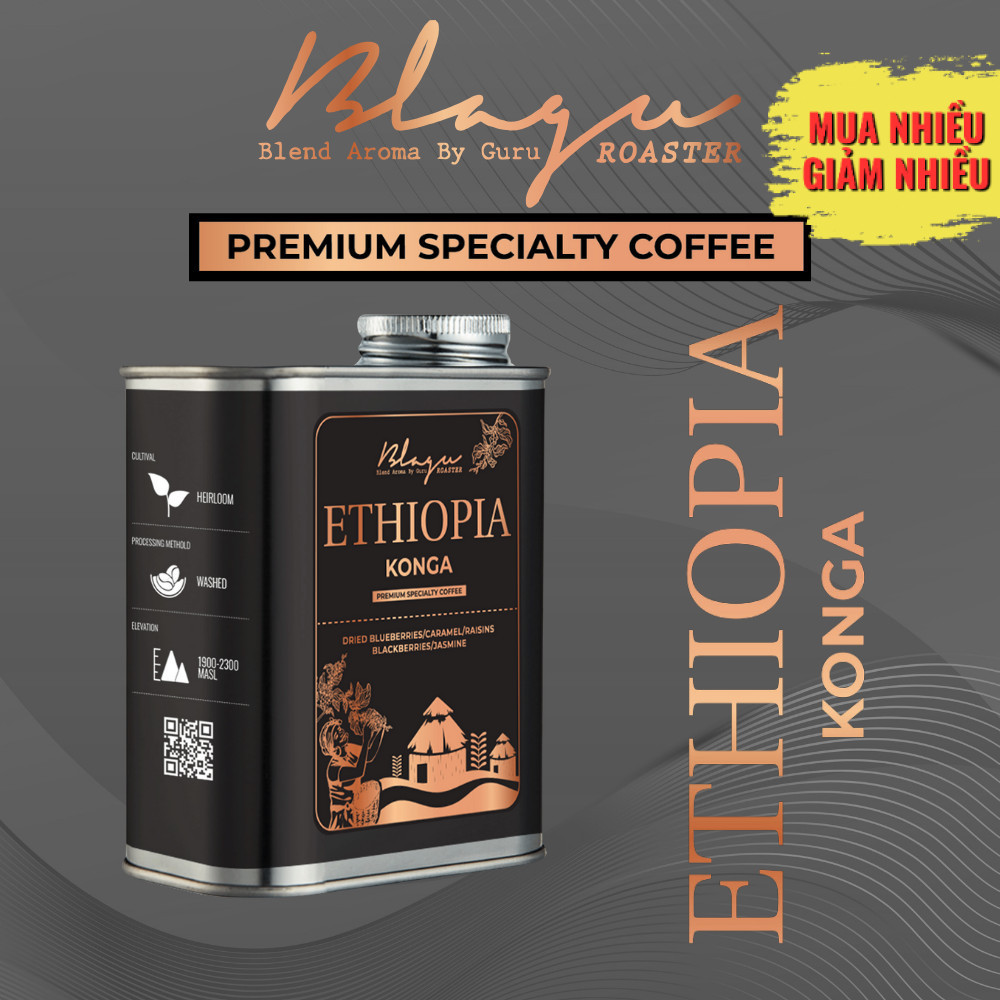 [Premium] Cà Phê Hạt Rang Blagu - Ethiopia Konga - 100% Arabica - Light Medium - Lon 250g