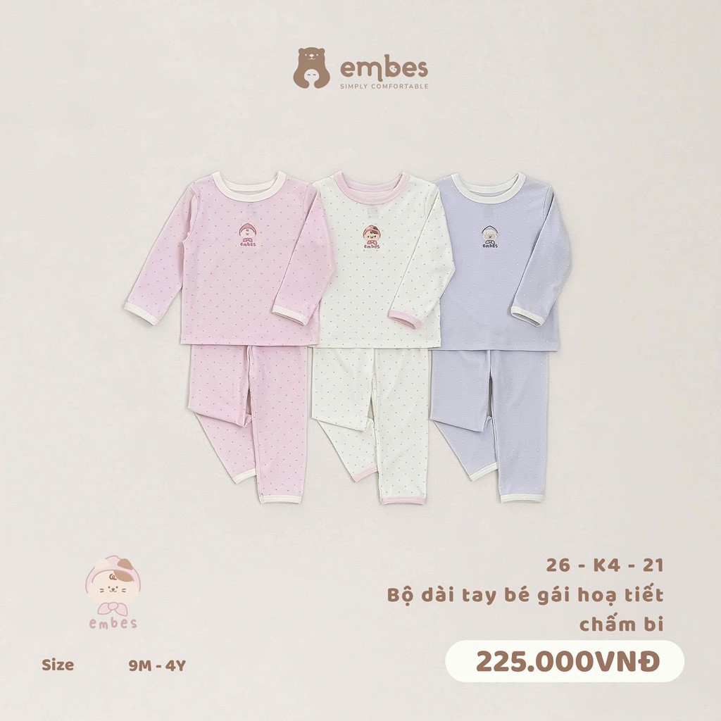 K421 Embes Bộ dài tay bé gái hoạ tiết chấm bi