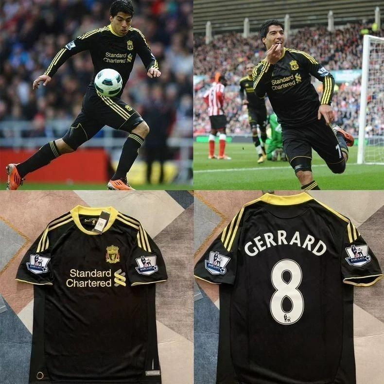 2010 2011 Liverpool Đen Vàng sân khách tùy chỉnh áo bóng đá Suarez Gerrard