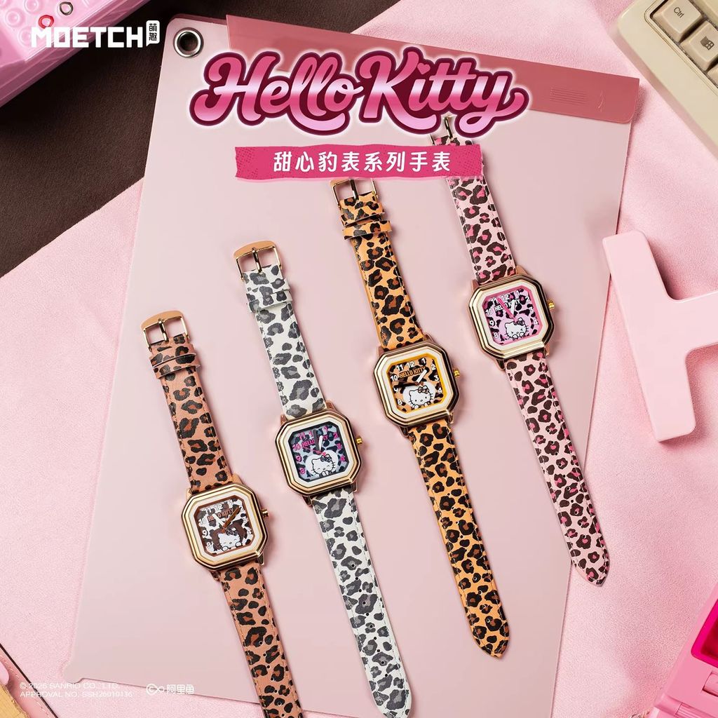 Dễ thương Sanrio HelloKitty Sweetheart Leopard Watch Series Watch KT Cat Đồng hồ điện tử Đồng hồ đeo