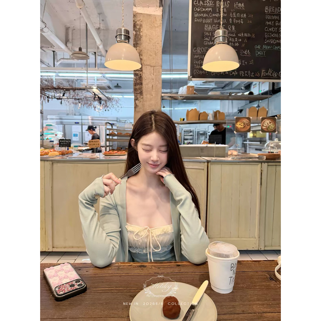 Hotdog Hotdog Hotdog Hotdog Bạc Hà Xếp Ly Ống Top Áo Cardigan Tay Dài Bộ Đồ Hai Mảnh