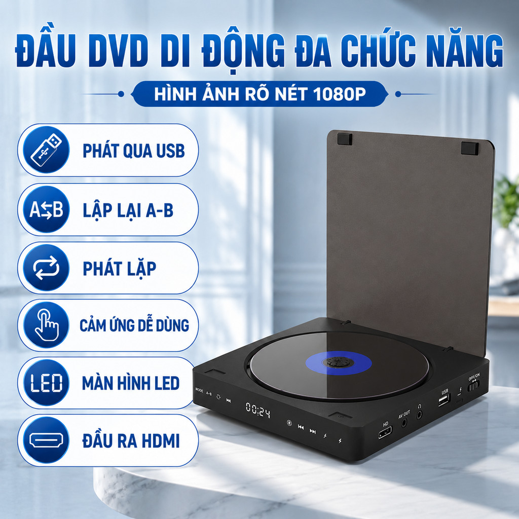 Máy đọc đĩa DVD, đầu phát DVD, đầu DVD đa năng, máy DVD gia đình 1080P HDMI USB, xem phim nghe nhạc 