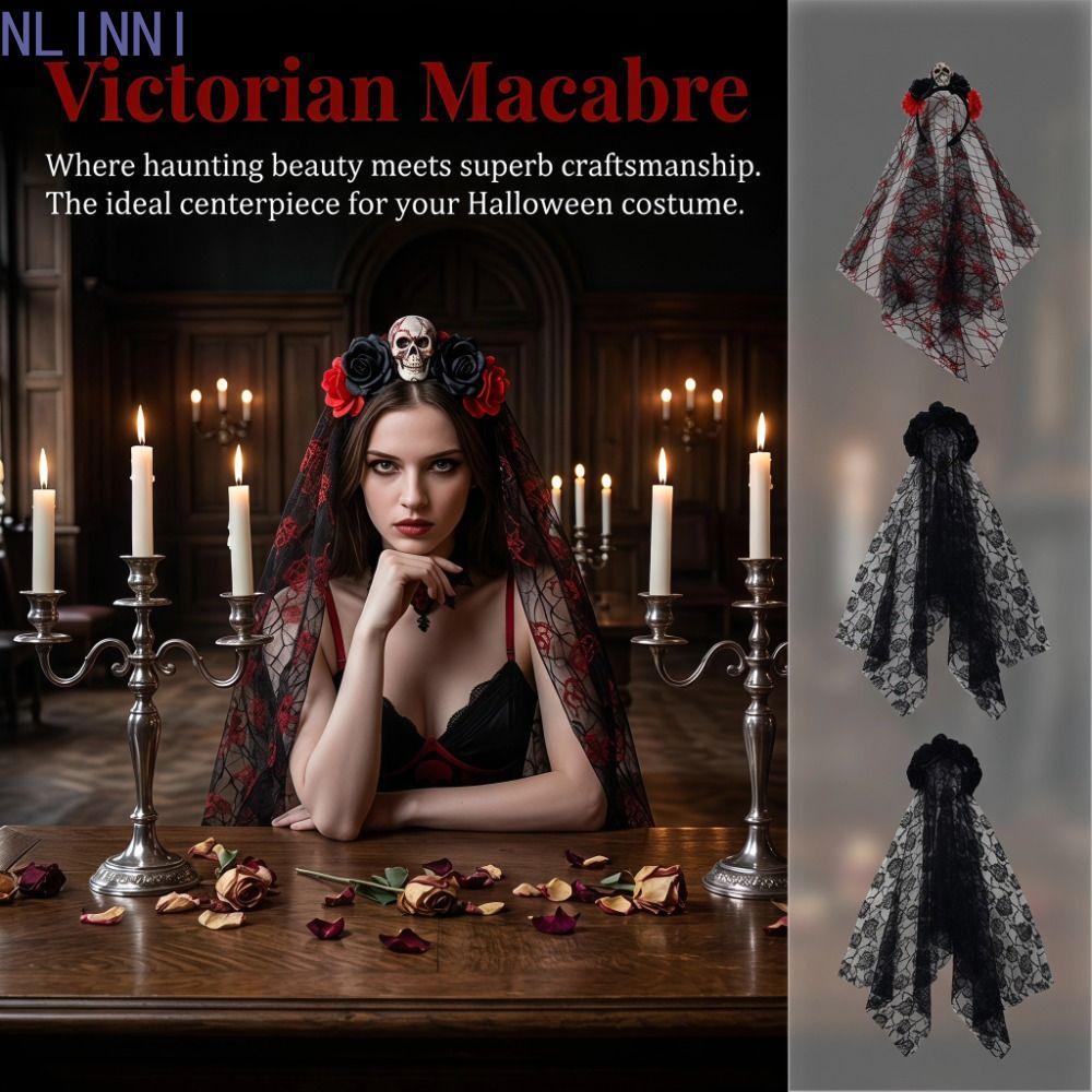 NLINNI Ma Cô Dâu Băng Đô, Gothic Ren Lưới Đầu Lâu Mạng Lưới Mạng Lưới Băng Đô Quấn Tóc, Cosplay Mũ Đ