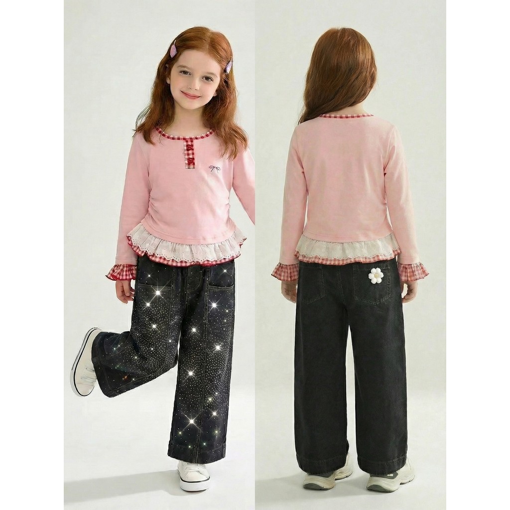 Quần jean Baggy pha lê màu đen Y2K Dạo phố Teen Girls Thu Đông