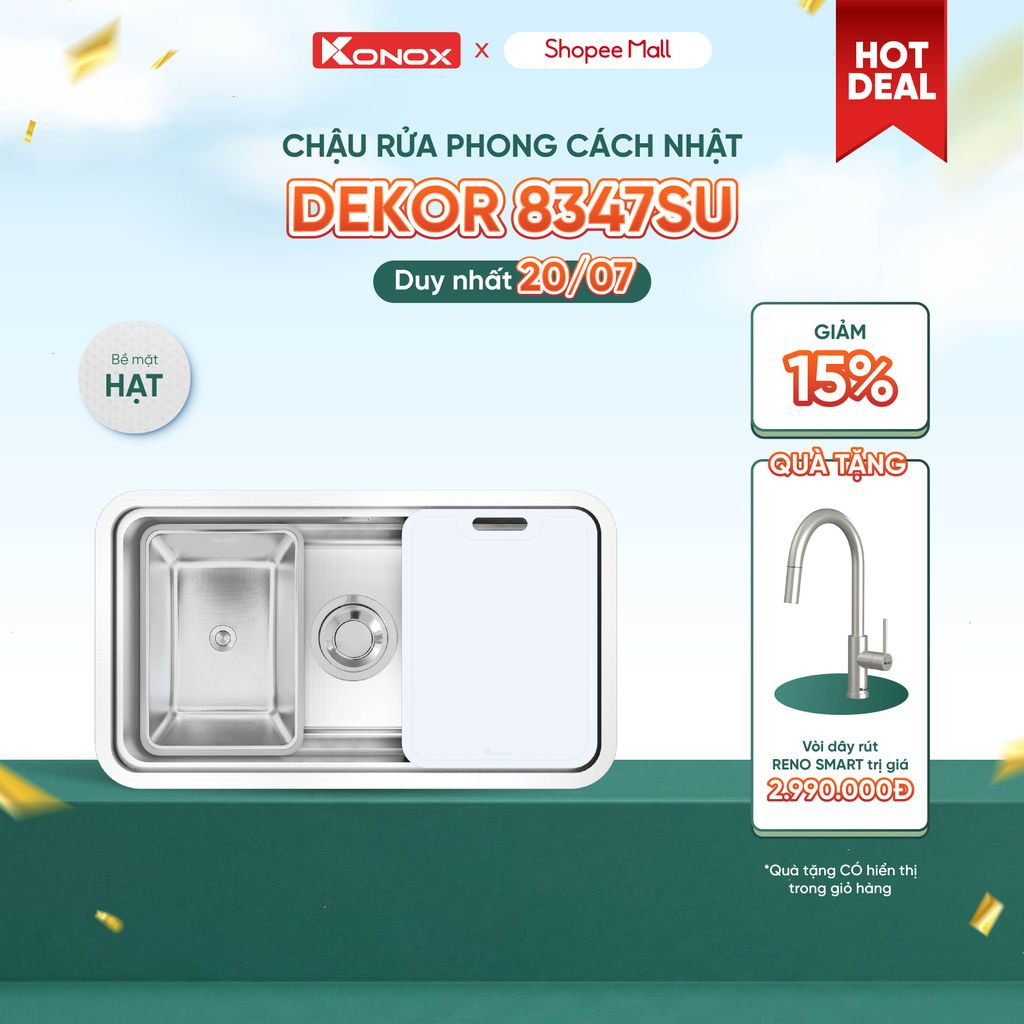 [TẶNG VÒI] Chậu rửa bát inox 1 hố chống xước Konox DEKOR 8347SU - Bảo hành 10 năm