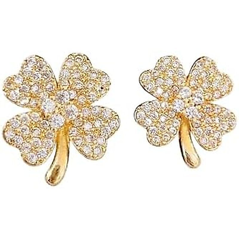 Lucky Four Leaf Clover Cubic Zirconia Stud Earrings for Women 925 Sterling Silver Post Dainty Fully 