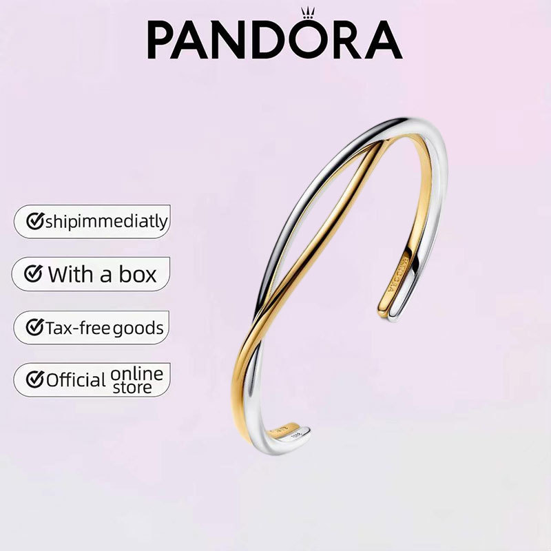 Vòng tay hở dây đan hai màu Pandora 925 Bạc Trang sức Quà tặng tinh tế Bộ quà tặng cặp đôi
