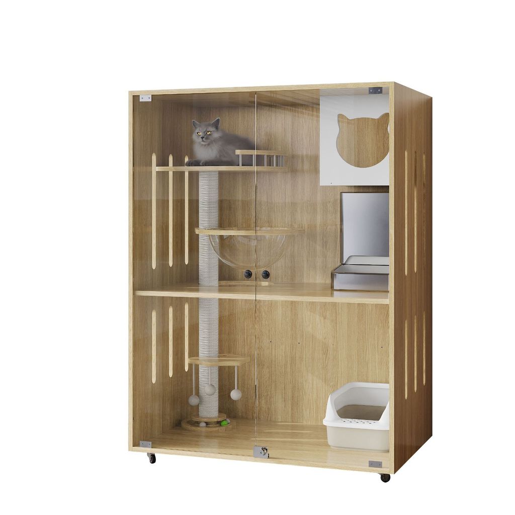 Nhà mèo Cat Villa bằng gỗ nguyên khối, không gian sống thoải mái cho mèo