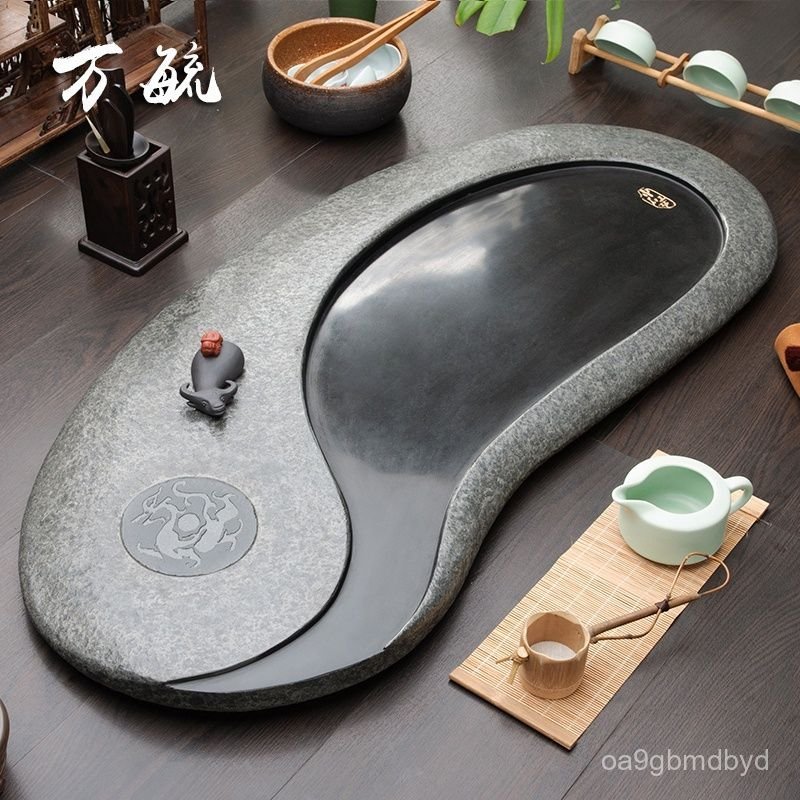 Khay trà đá đen vàng, khay trà nguyên khối dùng cho gia đình và văn phòng, khay trà đá tự nhiên lớn,