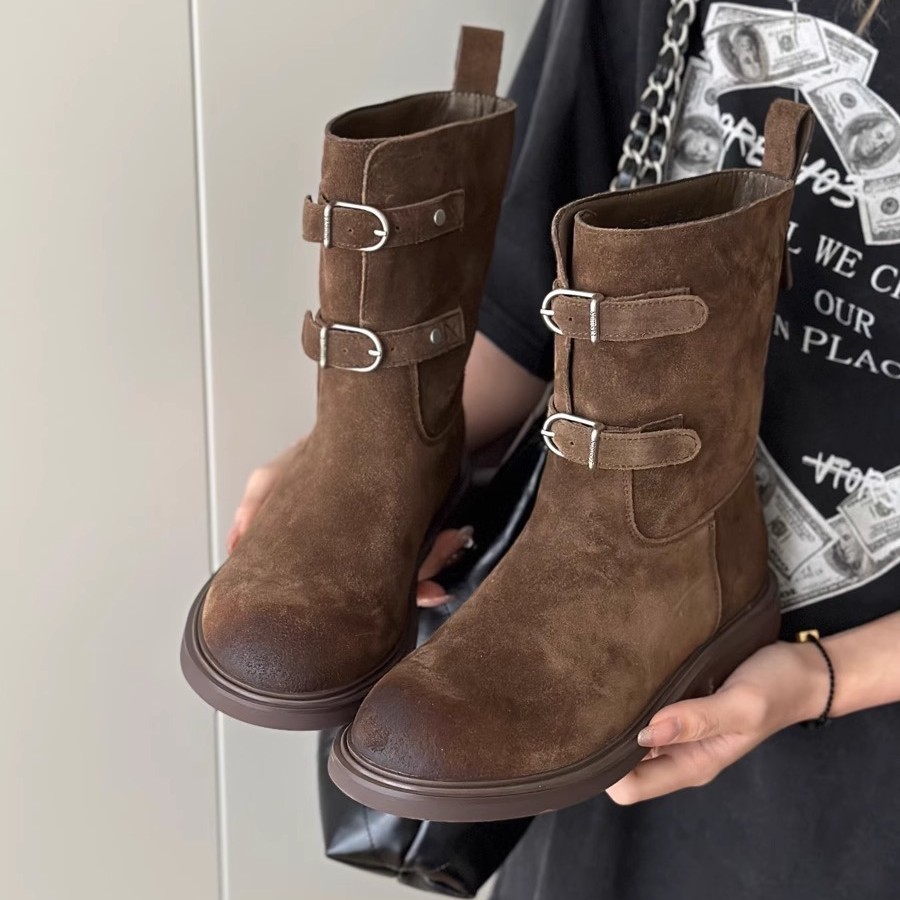 9KPC Sheepskin Version~Vintage distressed leather buckle western cowboy boots, slimming short boots 